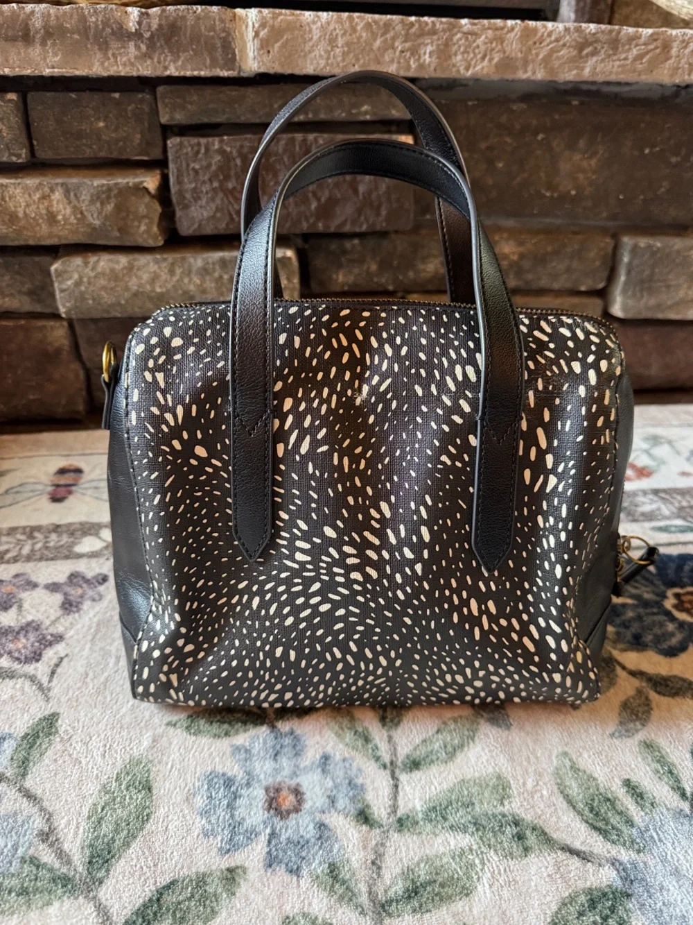 Fossil Black Satchel with Cream Speckle Print